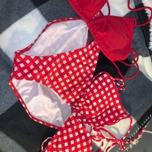 two tops, one bottom, plaid and red